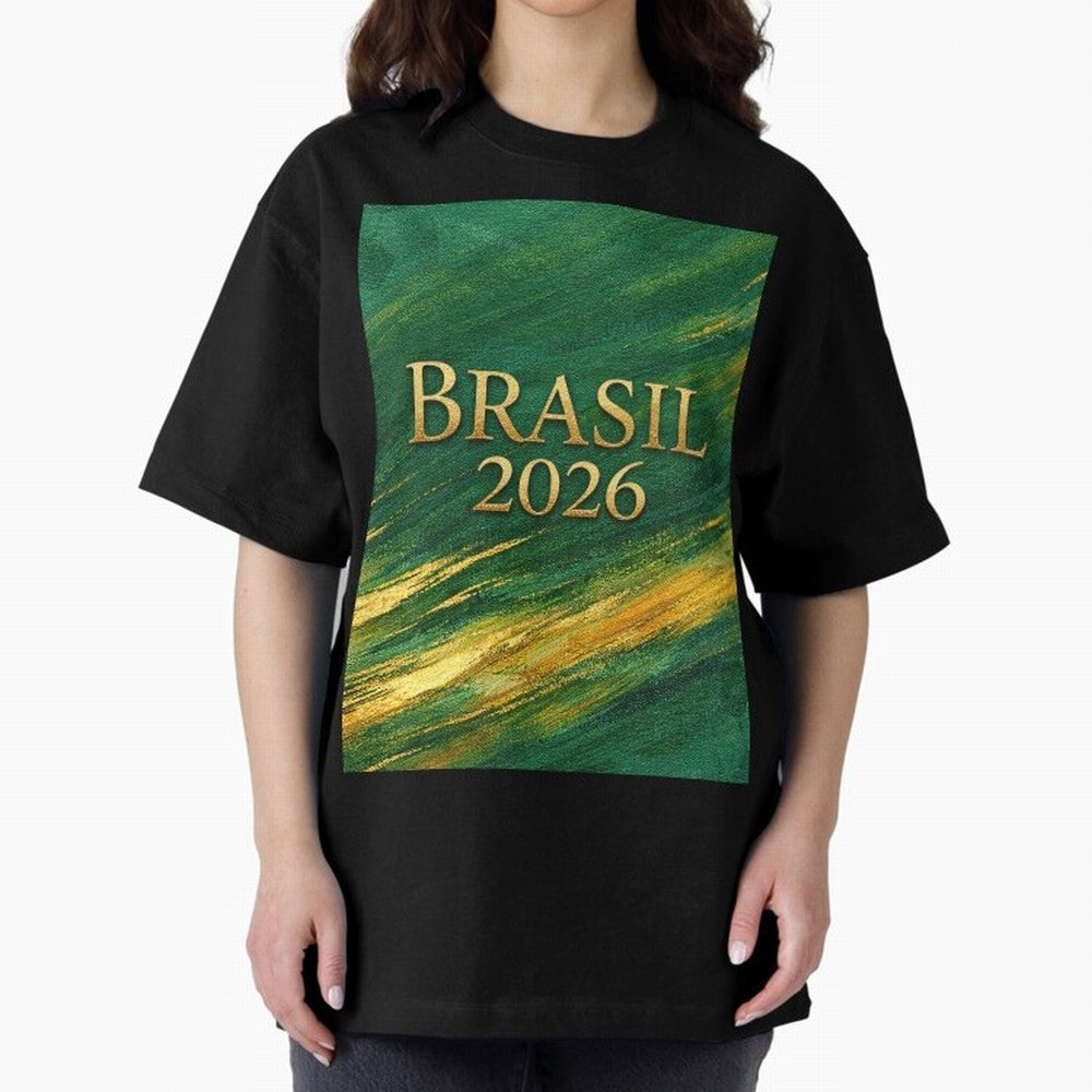 Brasil 2026 Gold Soccer Theme Oversized T-Shirt Bring Champion Energy into the FIFA World Cup 2026 Group Stage Journey through Haaland and Mbappe Highlights, Brazil, Portugal and Argentina Pride, Stadium Memories, Football Loyalty, International