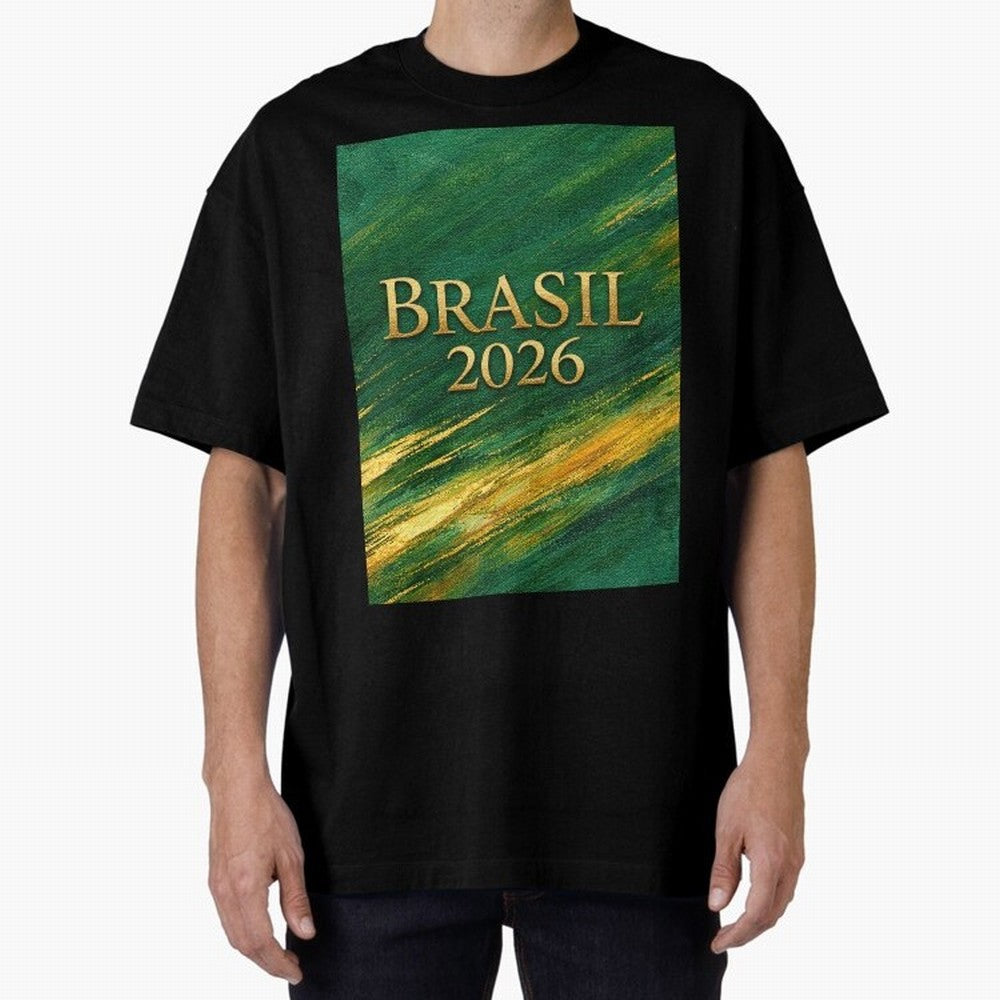 Brasil 2026 Gold Soccer Theme Oversized T-Shirt Bring Champion Energy into the FIFA World Cup 2026 Group Stage Journey through Haaland and Mbappe Highlights, Brazil, Portugal and Argentina Pride, Stadium Memories, Football Loyalty, International