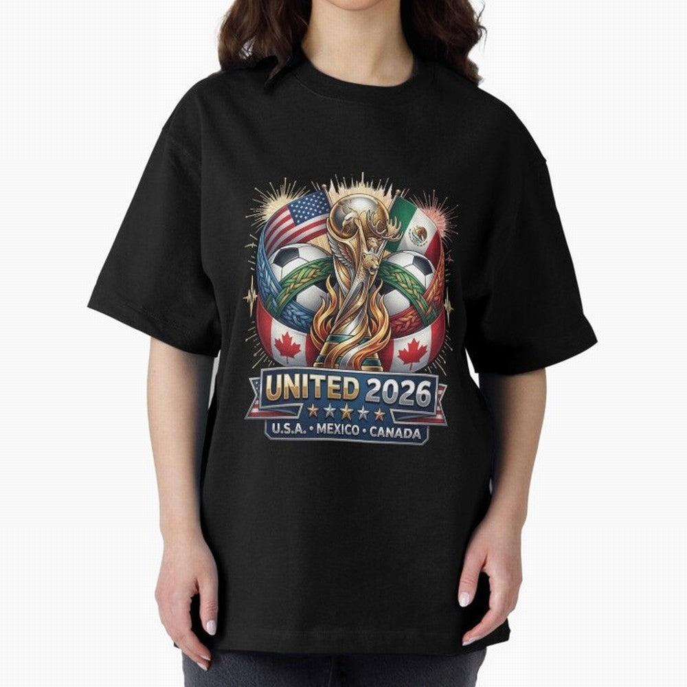 United 2026 Soccer Nations Trophy - USA Mexico Canada Mascot Art Oversized T-Shirt Turn Football Passion into Match Day Hype around FIFA World Cup 2026, Haaland, England, Worldwide Fan Energy, Dramatic Goals, Stadium Lights and Championship
