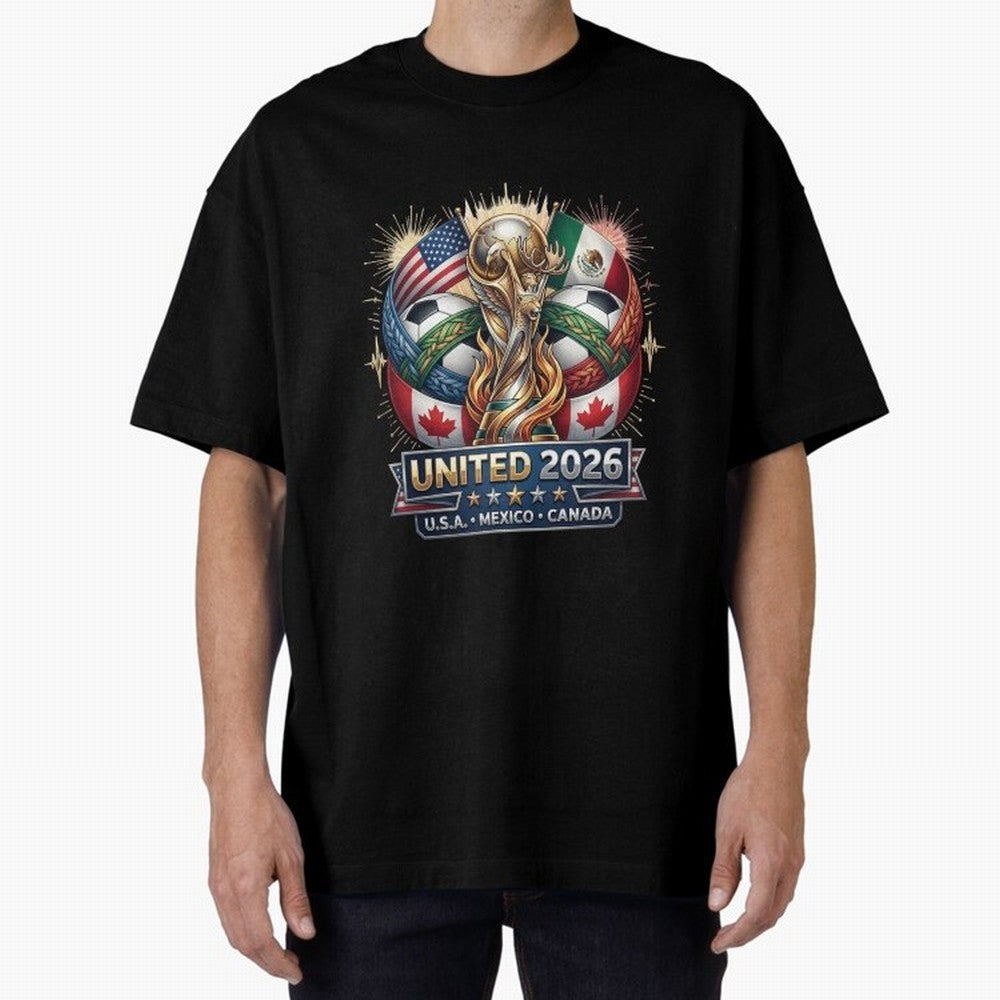 United 2026 Soccer Nations Trophy - USA Mexico Canada Mascot Art Oversized T-Shirt Turn Football Passion into Match Day Hype around FIFA World Cup 2026, Haaland, England, Worldwide Fan Energy, Dramatic Goals, Stadium Lights and Championship