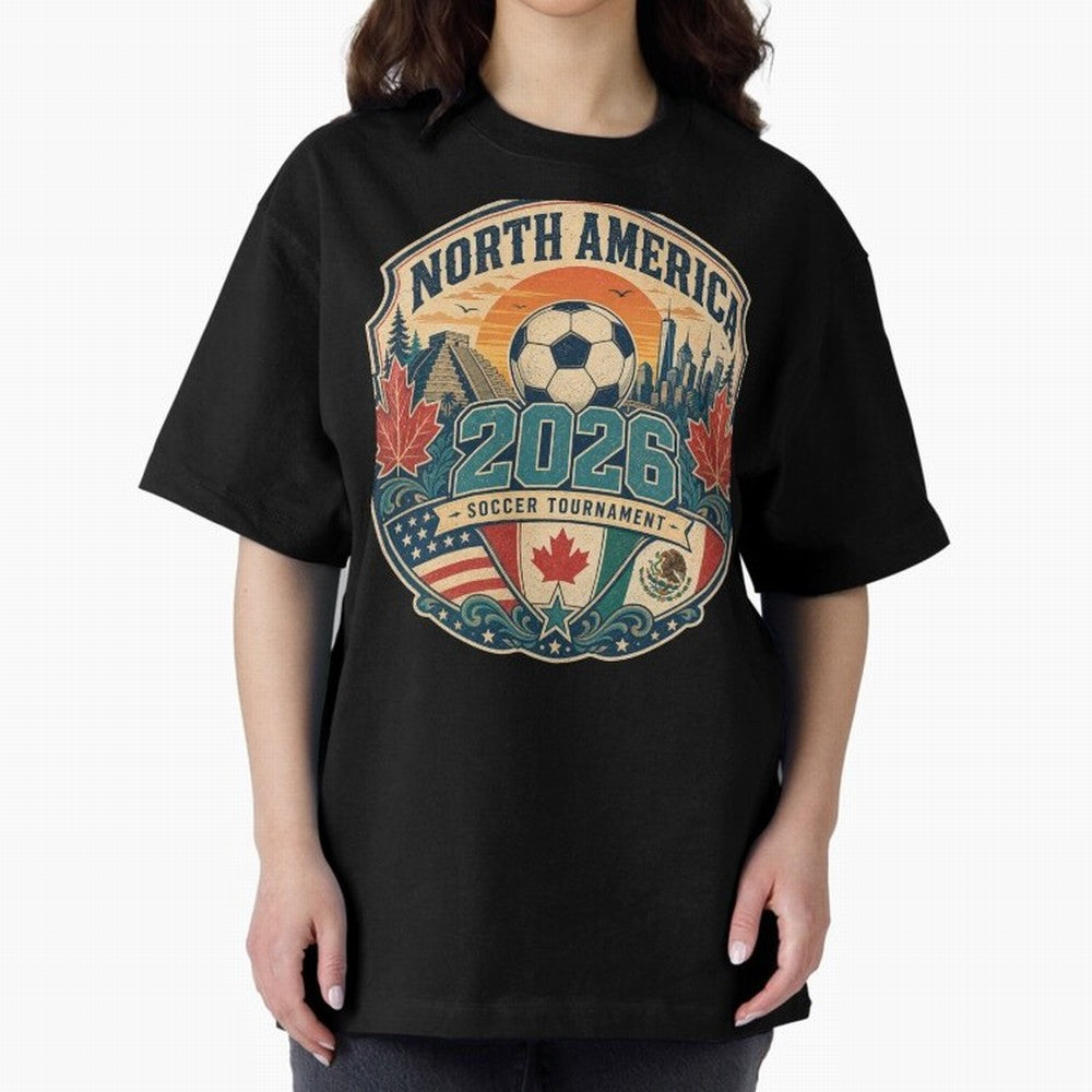 USA Canada Mexico Soccer Cup Oversized T-Shirt Turn Up for FIFA World Cup 2026 Group Stage Highlighting Messi and Cristiano Ronaldo, Brazil Energy, Sports Nostalgia, International Competition, Famous Players and Unforgettable Victories; Perfect for