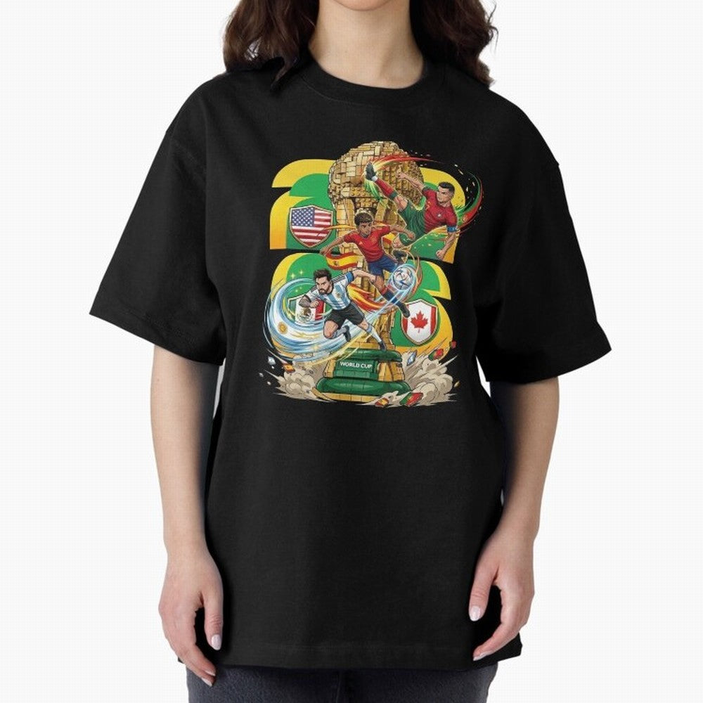 World Cup Teams 2026 Oversized T-Shirt Follow the Road to FIFA World Cup 2026 for Fans of Messi and Cristiano Ronaldo and France and Portugal, Bringing Football Passion, Legendary Performances, Festival Vibes and Supporter Community; Ideal for