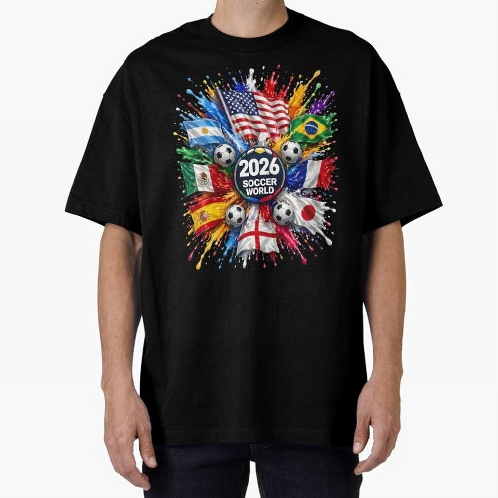 2026 Soccer World Flags USA Mexico Canada Football Paint Splash Graphic Oversized T-Shirt Celebrate the Road through Match Day Hype around FIFA World Cup 2026, Haaland and Mbappe, Brazil, Vintage Soccer Flavor, Modern Football Stars, National Flags