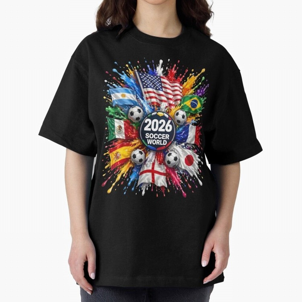 2026 Soccer World Flags USA Mexico Canada Football Paint Splash Graphic Oversized T-Shirt Celebrate the Road through Match Day Hype around FIFA World Cup 2026, Haaland and Mbappe, Brazil, Vintage Soccer Flavor, Modern Football Stars, National Flags