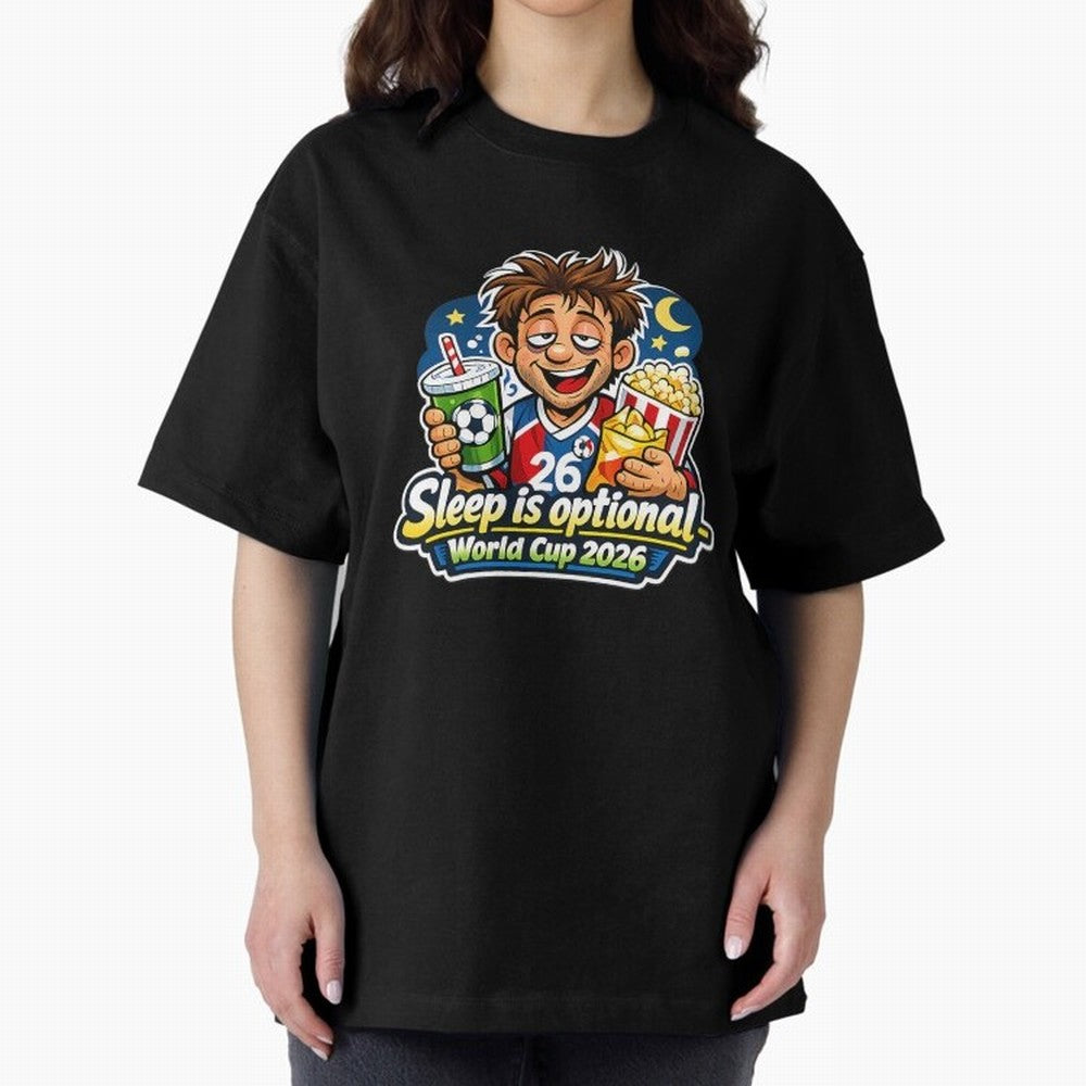 Sleep Is Optional World Cup 2026 Soccer Fan Night Oversized T-Shirt Cheer for FIFA World Cup 2026 USA Canada Mexico Inspired by Messi, CR7 and Mbappe, Brazil, Portugal and Argentina Energy, Football Passion, Legendary Performances, Festival Vibes