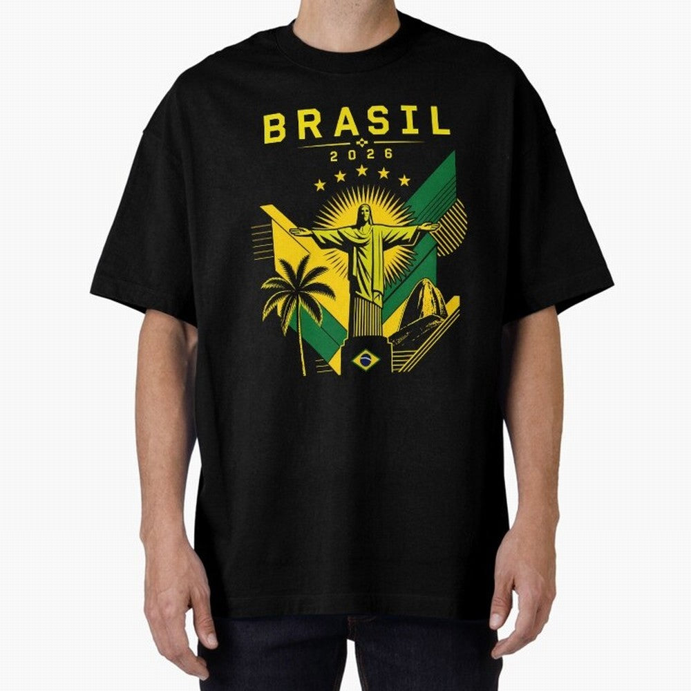 Brasil 2026 Christ the Redeemer Rio Oversized T-Shirt Relive the FIFA World Cup 2026 USA Canada Mexico Journey through Neymar, Haaland and Cristiano Ronaldo Highlights, France and Portugal Pride, Global Supporter Spirit, Legendary Goals, National