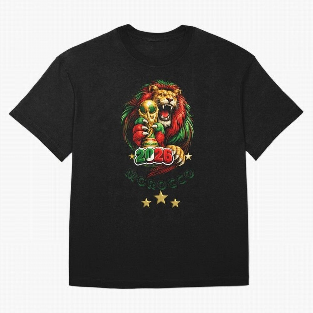 Moroccan Lion World Cup 2026 Design Oversized T-Shirt Celebrate the Magic of FIFA World Cup 2026 USA Canada Mexico Celebrating Haaland and Mbappe, Brazil, Portugal and Argentina Energy, Goal Celebration Energy, Supporter Heritage, Football Icons