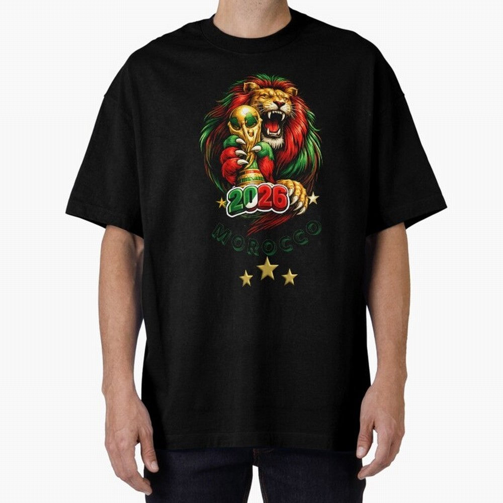 Moroccan Lion World Cup 2026 Design Oversized T-Shirt Celebrate the Magic of FIFA World Cup 2026 USA Canada Mexico Celebrating Haaland and Mbappe, Brazil, Portugal and Argentina Energy, Goal Celebration Energy, Supporter Heritage, Football Icons