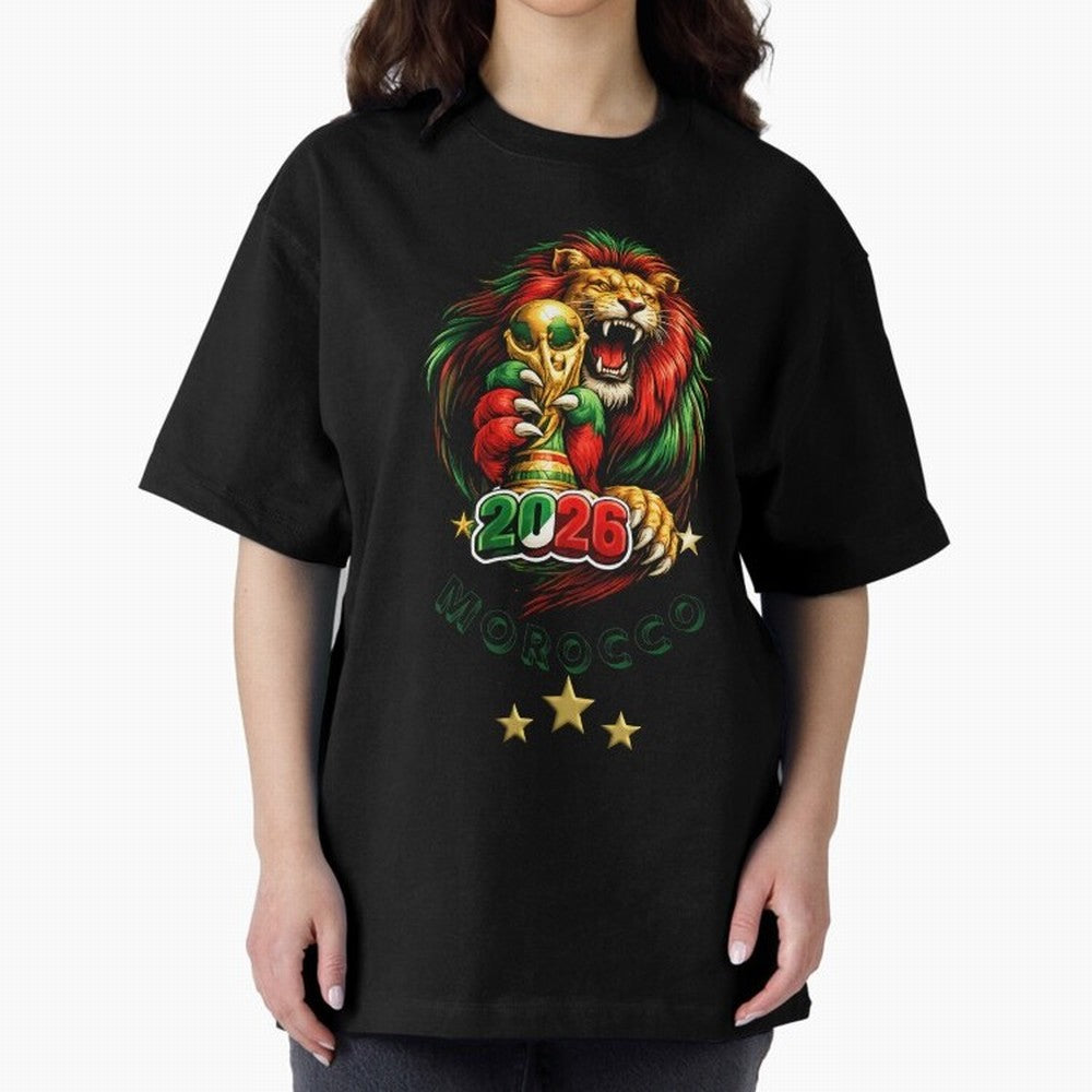 Moroccan Lion World Cup 2026 Design Oversized T-Shirt Celebrate the Magic of FIFA World Cup 2026 USA Canada Mexico Celebrating Haaland and Mbappe, Brazil, Portugal and Argentina Energy, Goal Celebration Energy, Supporter Heritage, Football Icons