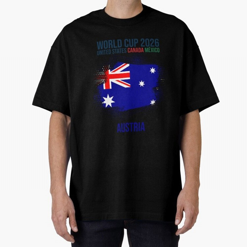 AUSTRIA WORLD CUP 2026 Oversized T-Shirt Bring International Match Energy to FIFA World Cup 2026 USA Canada Mexico Celebrating Messi and Cristiano Ronaldo, Argentina and Brazil Energy, Retro Football Energy, Iconic Rivalries, Trophy Chase Drama and