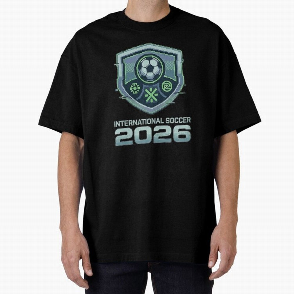 International Soccer 2026 Retro Pixel Glitch Crest Oversized T-Shirt Bring Home the FIFA World Cup 2026 Group Stage Journey through Cristiano Ronaldo Highlights, Spain and Netherlands Pride, Worldwide Fan Energy, Dramatic Goals, Stadium Lights and