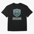 International Soccer 2026 Retro Pixel Glitch Crest Oversized T-Shirt Bring Home the FIFA World Cup 2026 Group Stage Journey through Cristiano Ronaldo Highlights, Spain and Netherlands Pride, Worldwide Fan Energy, Dramatic Goals, Stadium Lights and