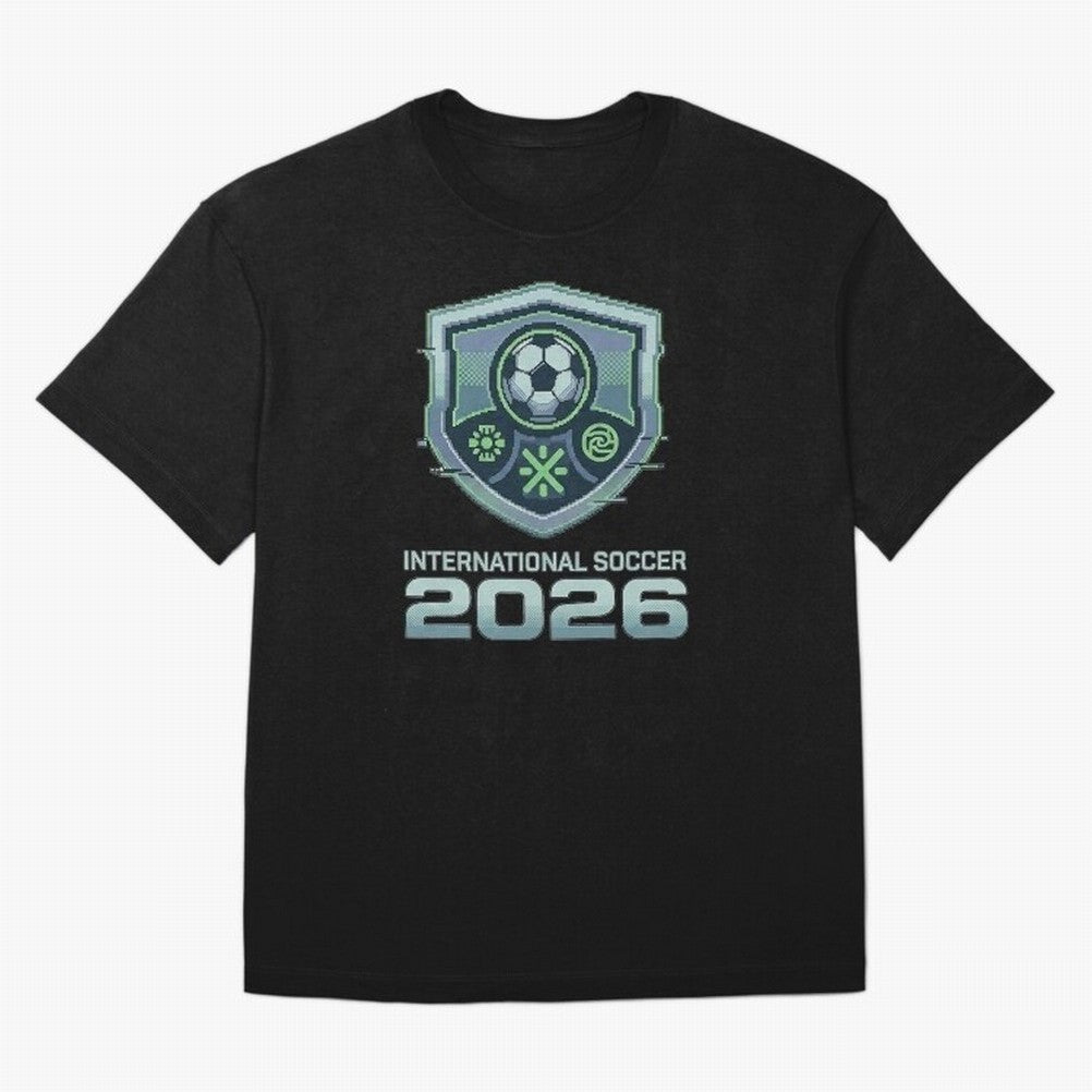 International Soccer 2026 Retro Pixel Glitch Crest Oversized T-Shirt Bring Home the FIFA World Cup 2026 Group Stage Journey through Cristiano Ronaldo Highlights, Spain and Netherlands Pride, Worldwide Fan Energy, Dramatic Goals, Stadium Lights and
