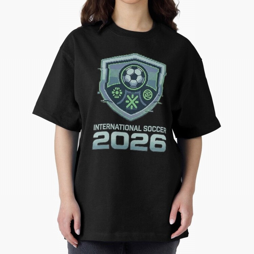 International Soccer 2026 Retro Pixel Glitch Crest Oversized T-Shirt Bring Home the FIFA World Cup 2026 Group Stage Journey through Cristiano Ronaldo Highlights, Spain and Netherlands Pride, Worldwide Fan Energy, Dramatic Goals, Stadium Lights and