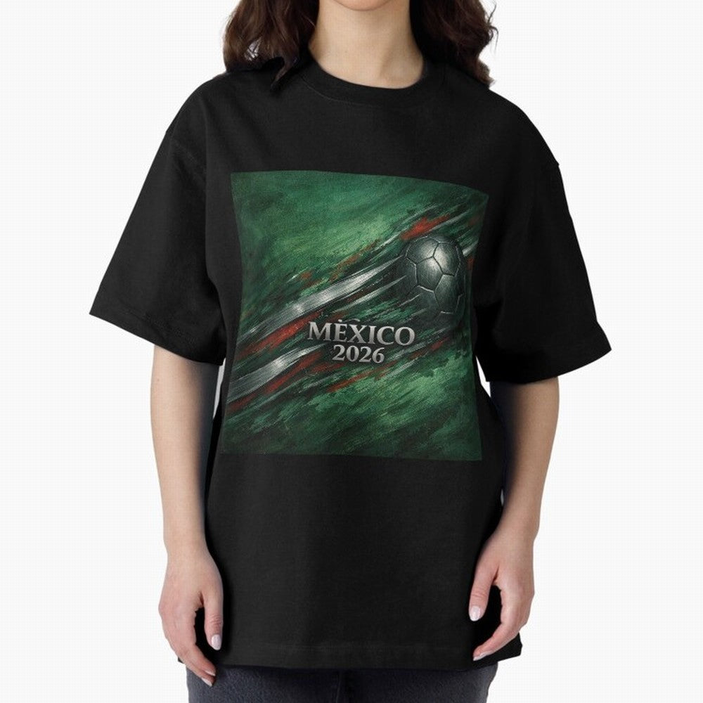 Mexico 2026 Football with Metallic Silver Line Oversized T-Shirt Feel International Energy from FIFA World Cup 2026 USA Canada Mexico Spirit, Filled with Argentina, Cristiano Ronaldo, Stadium Memories, Football Loyalty, International Chants and