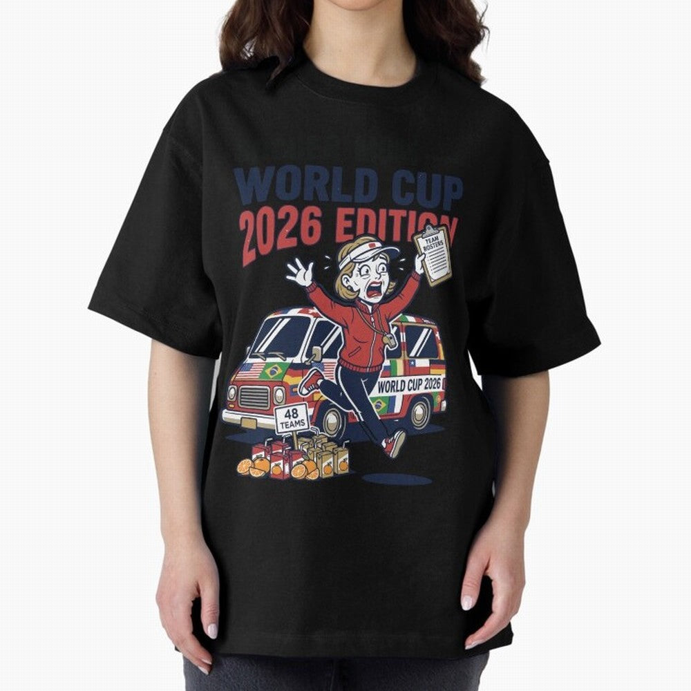 Soccer Mom ¡ª World Cup 2026 Edition V2 Oversized T-Shirt Represent Football Lovers during FIFA World Cup 2026 USA Canada Mexico for Fans of Mbappe and Brazil, Portugal and Argentina, Bringing Retro Football Energy, Iconic Rivalries, Trophy Chase