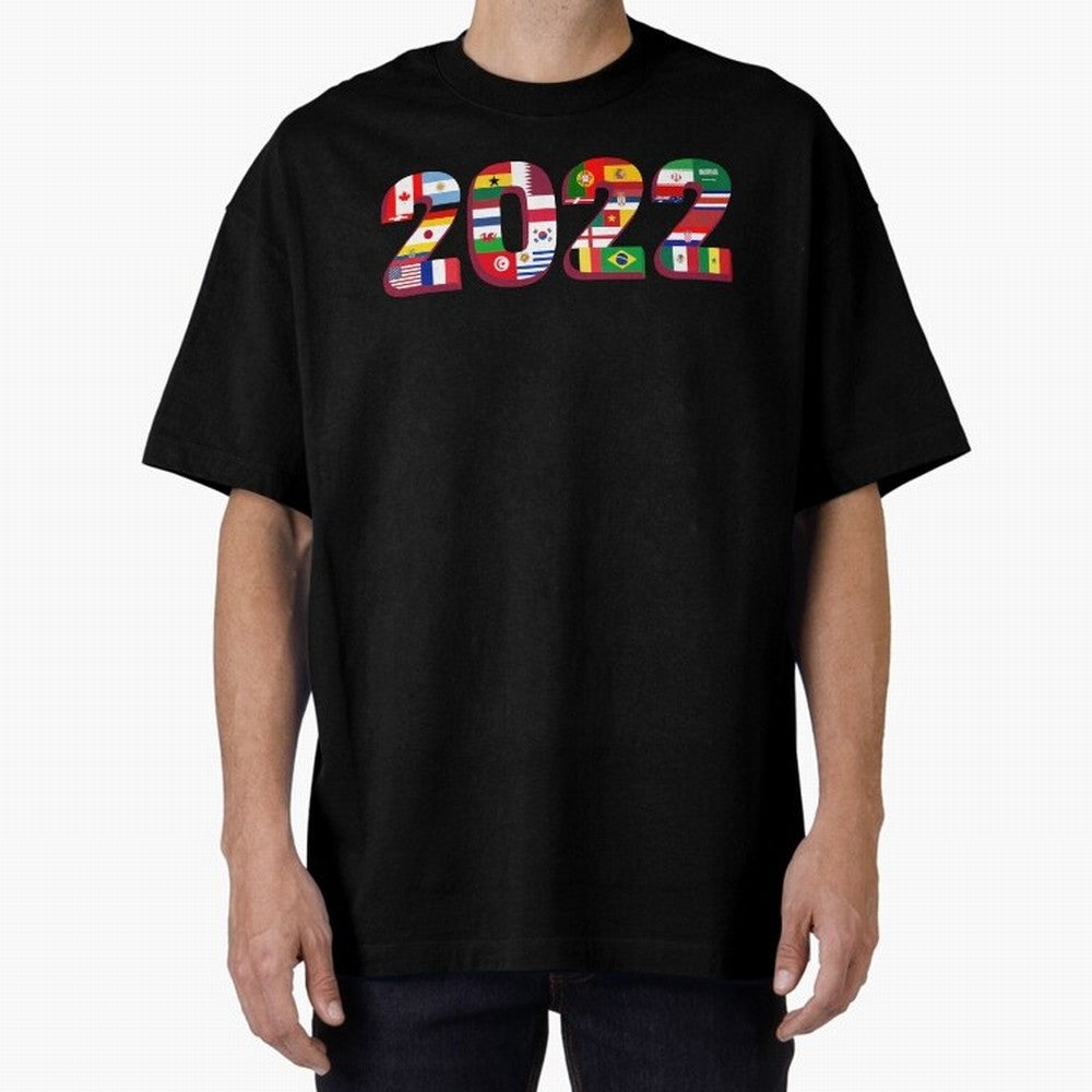 Flags of the 32 Teams that Played in Qatar in 2022 for Football Fans Oversized T-Shirt Make Every Match About Global Football Passion for FIFA World Cup 2026 Group Stage, Highlighting Mbappe and Neymar, Argentina and Brazil, Goal Celebration