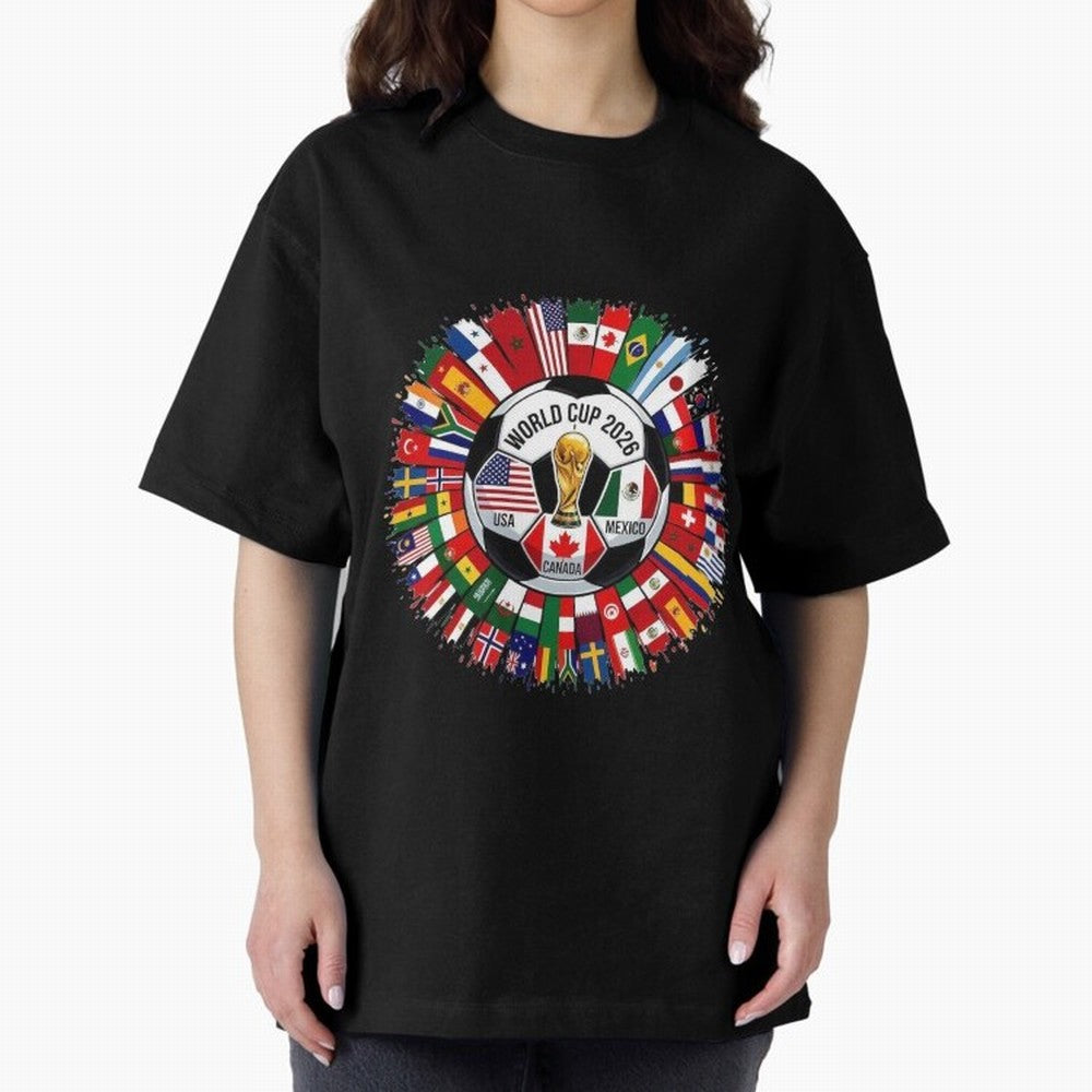 USA Canada Mexico 2026 Football Celebration Fan Art Oversized T-Shirt Unlock FIFA World Cup 2026 for Fans of Mbappe and Neymar and England, France and Netherlands, Bringing Retro Football Energy, Iconic Rivalries, Trophy Chase Drama and Stadium