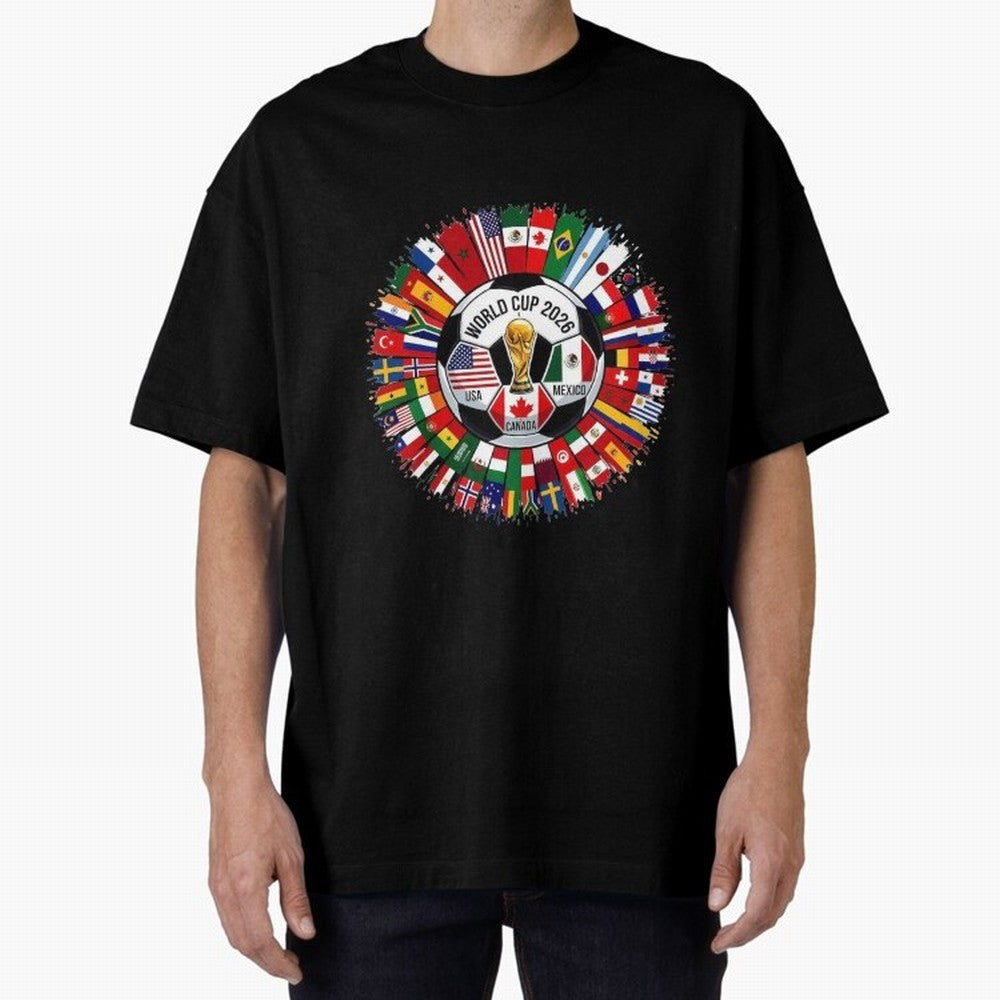 USA Canada Mexico 2026 Football Celebration Fan Art Oversized T-Shirt Unlock FIFA World Cup 2026 for Fans of Mbappe and Neymar and England, France and Netherlands, Bringing Retro Football Energy, Iconic Rivalries, Trophy Chase Drama and Stadium