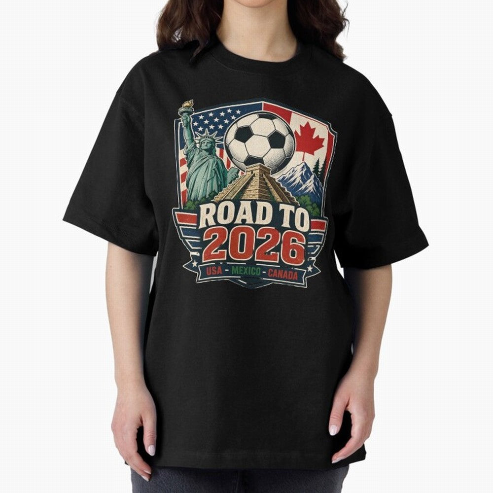 Road to 2026 USA Mexico Canada Soccer Design Oversized T-Shirt Share the Excitement of FIFA World Cup 2026 Group Stage for Fans of Haaland and Mbappe and England and Germany, Bringing Championship Spirit, Famous Goals, Roaring Crowds and