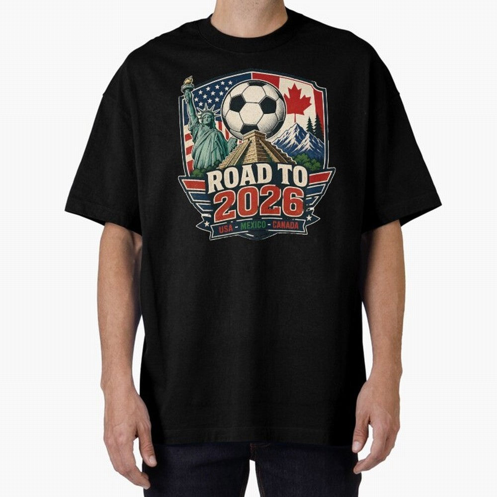 Road to 2026 USA Mexico Canada Soccer Design Oversized T-Shirt Share the Excitement of FIFA World Cup 2026 Group Stage for Fans of Haaland and Mbappe and England and Germany, Bringing Championship Spirit, Famous Goals, Roaring Crowds and