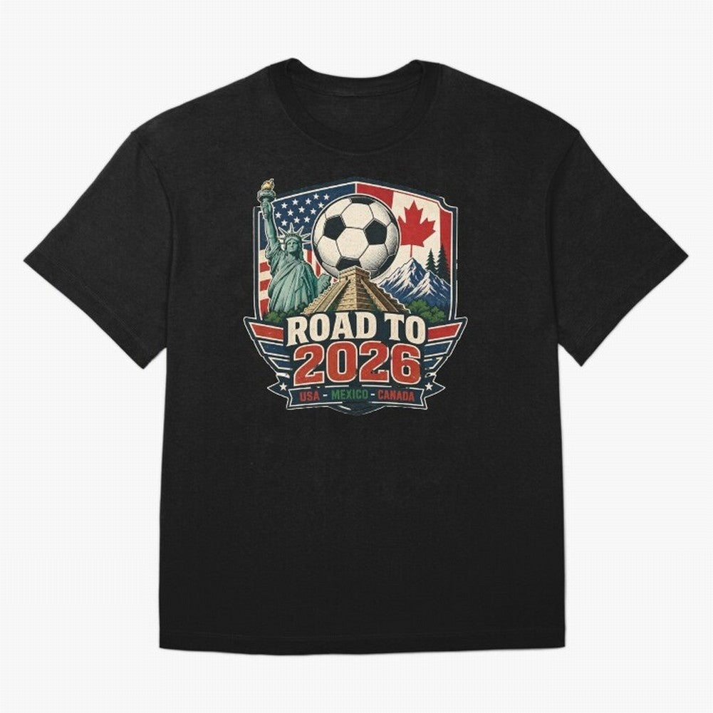Road to 2026 USA Mexico Canada Soccer Design Oversized T-Shirt Share the Excitement of FIFA World Cup 2026 Group Stage for Fans of Haaland and Mbappe and England and Germany, Bringing Championship Spirit, Famous Goals, Roaring Crowds and