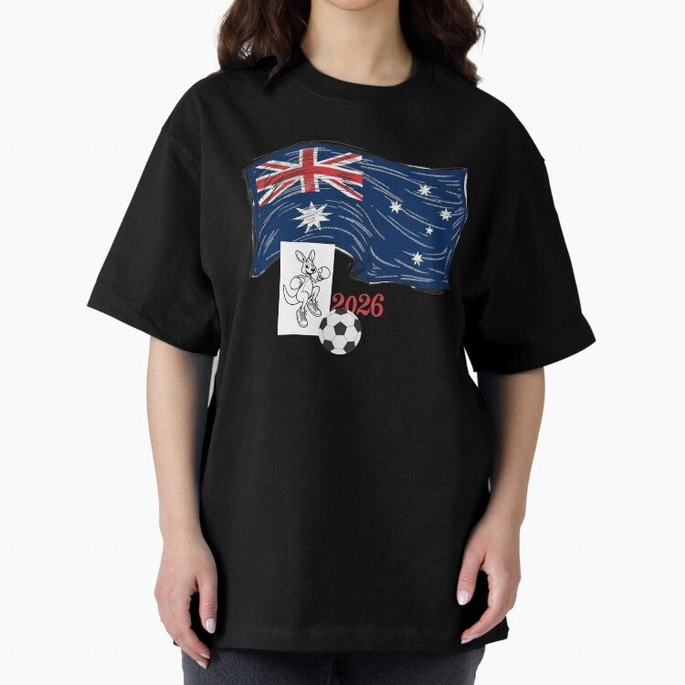Australia 2026 Soccer Pride - Boxing Kangaroo & Dynamic Waving Flag. Oversized T-Shirt Make Memories around the FIFA World Cup 2026 Group Stage Journey through Messi, Neymar and Mbappe Highlights, Brazil Pride, Fan Favorite Moments, National Team