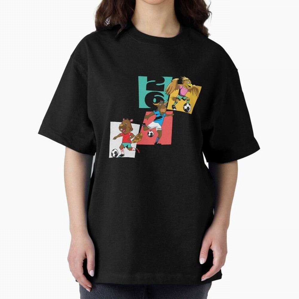 North America Mascots 2 T-Shirt_83568192 Oversized T-Shirt Celebrate Supporters United by FIFA World Cup 2026 USA Canada Mexico Spirit, Filled with England, France and Netherlands, Cristiano Ronaldo, Worldwide Fan Energy, Dramatic Goals, Stadium