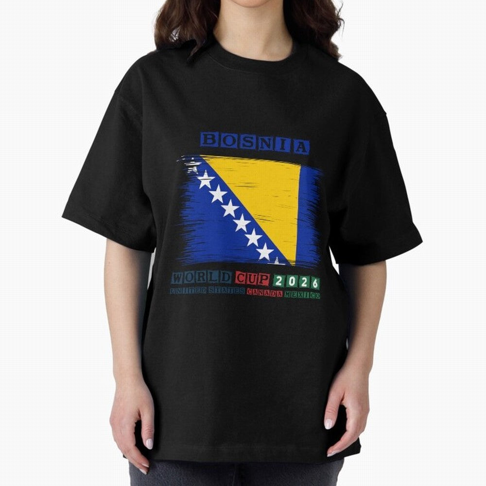 BOSNIA WORLD CUP 2026 Oversized T-Shirt Share the Excitement of Match Day Hype around FIFA World Cup 2026 Group Stage, Cristiano Ronaldo, Argentina and Brazil, Retro Football Energy, Iconic Rivalries, Trophy Chase Drama and Stadium Atmosphere;