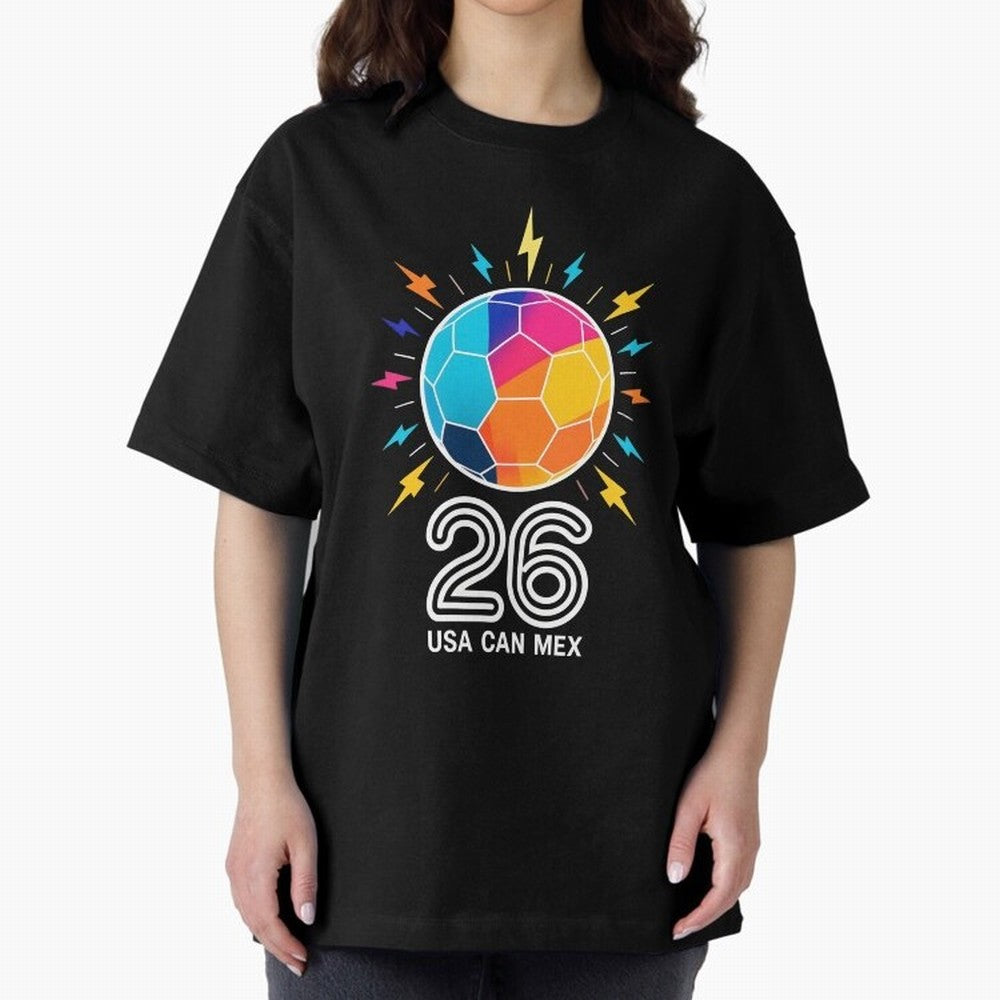 2026 Colorful Soccer Ball USA Canada Mexico 26 Oversized T-Shirt Follow the Final Road of FIFA World Cup 2026 Spirit, Inspired by Portugal, CR7 and Messi, Retro Football Energy, Iconic Rivalries, Trophy Chase Drama and Stadium Atmosphere; Perfect