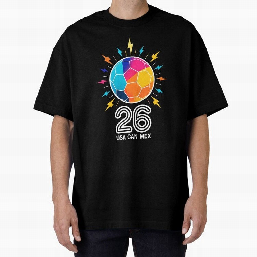 2026 Colorful Soccer Ball USA Canada Mexico 26 Oversized T-Shirt Follow the Final Road of FIFA World Cup 2026 Spirit, Inspired by Portugal, CR7 and Messi, Retro Football Energy, Iconic Rivalries, Trophy Chase Drama and Stadium Atmosphere; Perfect