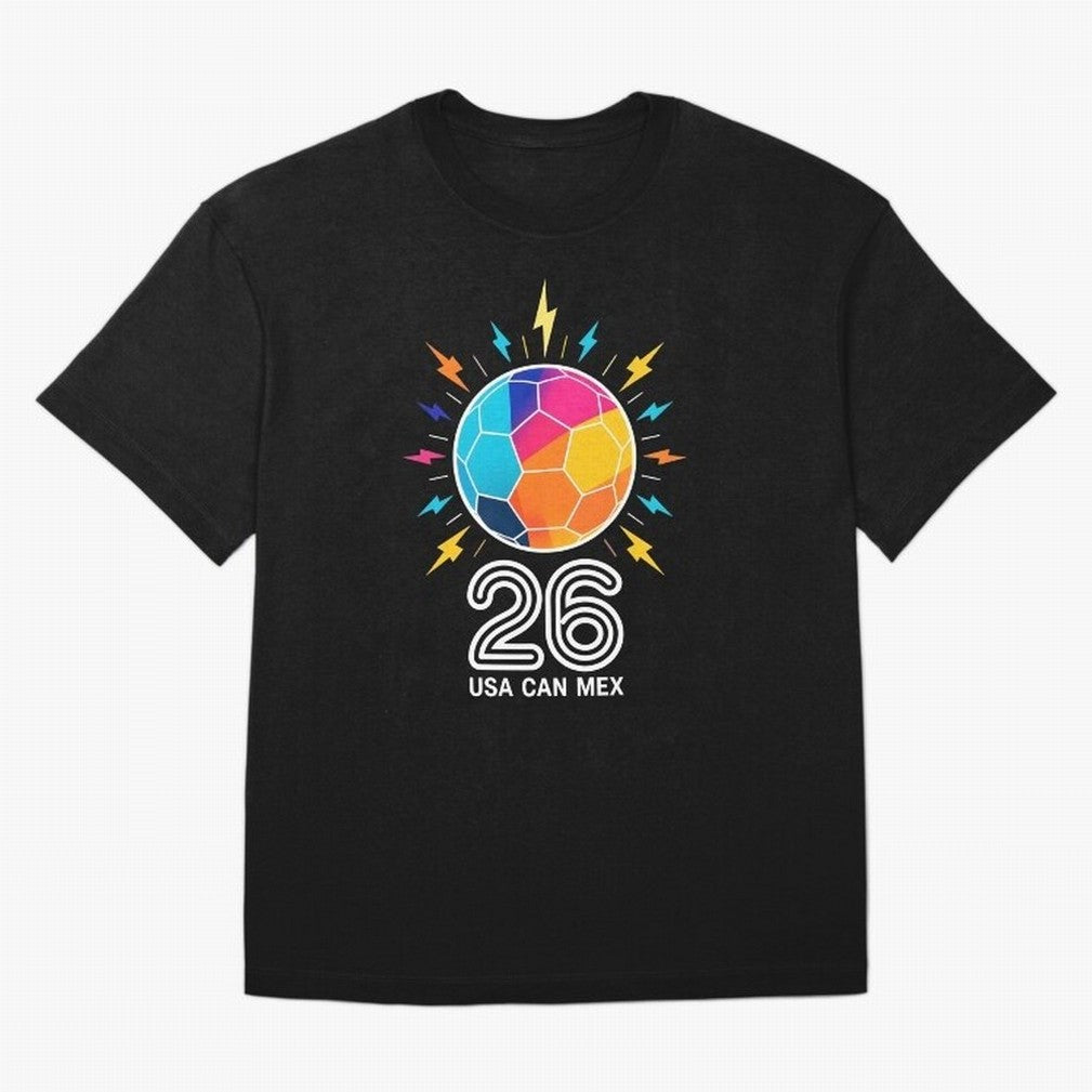 2026 Colorful Soccer Ball USA Canada Mexico 26 Oversized T-Shirt Follow the Final Road of FIFA World Cup 2026 Spirit, Inspired by Portugal, CR7 and Messi, Retro Football Energy, Iconic Rivalries, Trophy Chase Drama and Stadium Atmosphere; Perfect