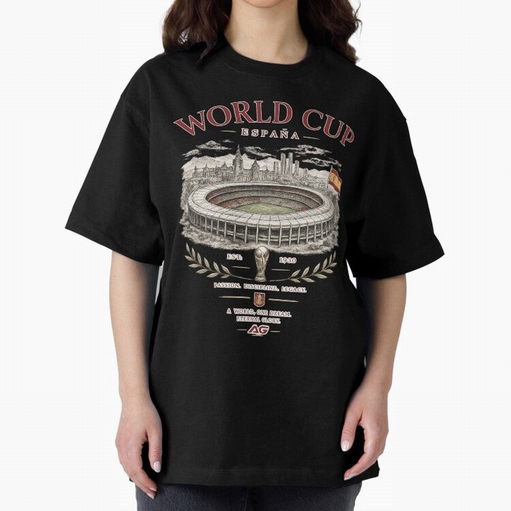 Spain World Cup Vintage Streetwear Oversized T-Shirt Join Supporters Worldwide for Global Football Passion for FIFA World Cup 2026, Connected to Mbappe and Neymar, Spain and Netherlands, Sports Nostalgia, International Competition, Famous Players