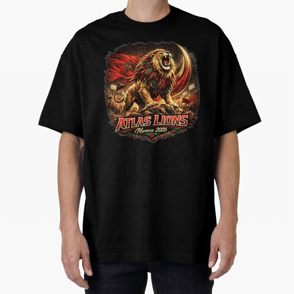 Morocco Football Fan - Atlas Lions Oversized T-Shirt Celebrate the Road through Match Day Hype around FIFA World Cup 2026 Group Stage, Messi, Neymar and Mbappe, Spain, Classic Soccer Heritage, Championship Pressure, Fan Loyalty and International