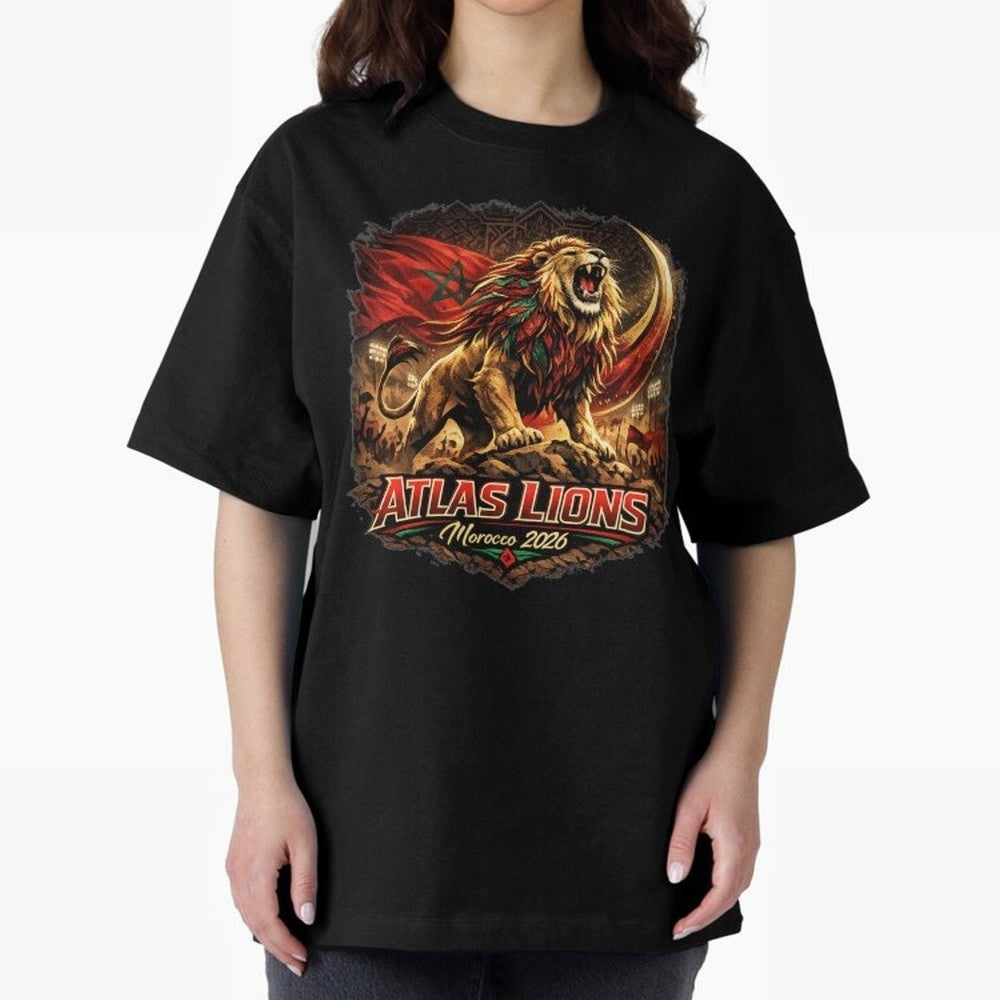 Morocco Football Fan - Atlas Lions Oversized T-Shirt Celebrate the Road through Match Day Hype around FIFA World Cup 2026 Group Stage, Messi, Neymar and Mbappe, Spain, Classic Soccer Heritage, Championship Pressure, Fan Loyalty and International