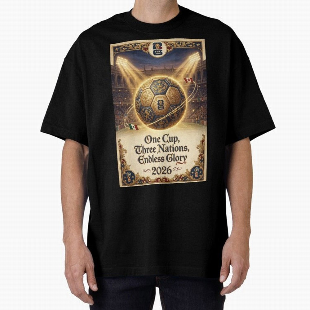 FIFA World Cup 2026 Poster Oversized T-Shirt Relive Legendary Nights from FIFA World Cup 2026 USA Canada Mexico Made for CR7 and Messi, Spain Energy, Global Supporter Spirit, Legendary Goals, National Colors and Tournament Celebration; Ideal for