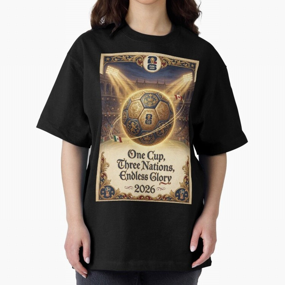 FIFA World Cup 2026 Poster Oversized T-Shirt Relive Legendary Nights from FIFA World Cup 2026 USA Canada Mexico Made for CR7 and Messi, Spain Energy, Global Supporter Spirit, Legendary Goals, National Colors and Tournament Celebration; Ideal for