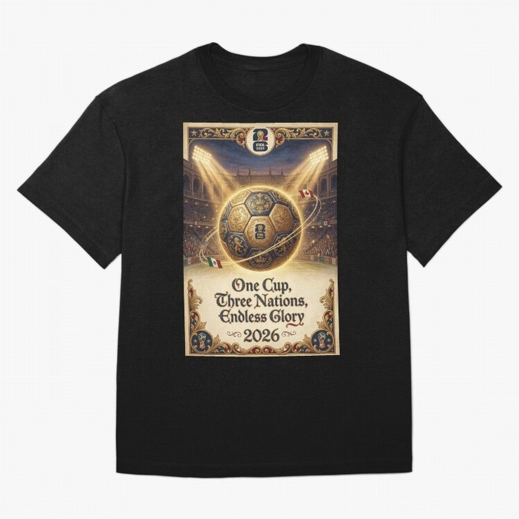 FIFA World Cup 2026 Poster Oversized T-Shirt Relive Legendary Nights from FIFA World Cup 2026 USA Canada Mexico Made for CR7 and Messi, Spain Energy, Global Supporter Spirit, Legendary Goals, National Colors and Tournament Celebration; Ideal for
