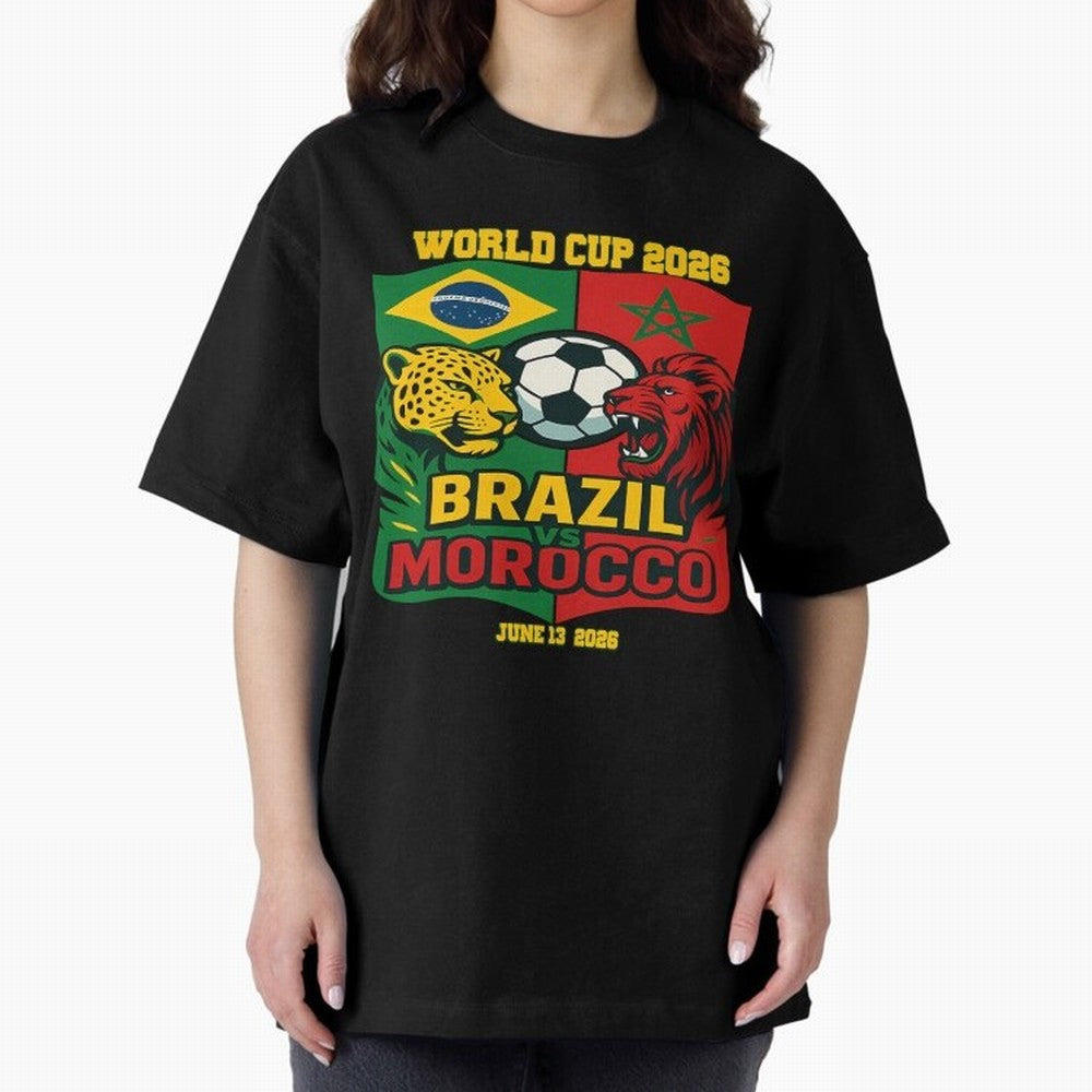 Brazil Vs Morocco June 13 2026 World Cup Soccer We Are Morocco Oversized T-Shirt Celebrate Fan Favorites in Global Football Passion for FIFA World Cup 2026 Group Stage, Capturing Mbappe, Portugal, Spain and Germany, Football Festival Excitement,
