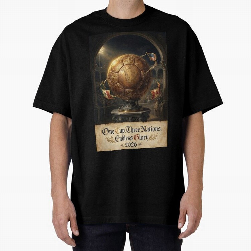 World Cup 2026 Emblem USA Canada Mexico Oversized T-Shirt Feel the Trophy Chase of FIFA World Cup 2026 Group Stage for Fans of Haaland and Mbappe and Brazil, Bringing Stadium Memories, Football Loyalty, International Chants and Championship