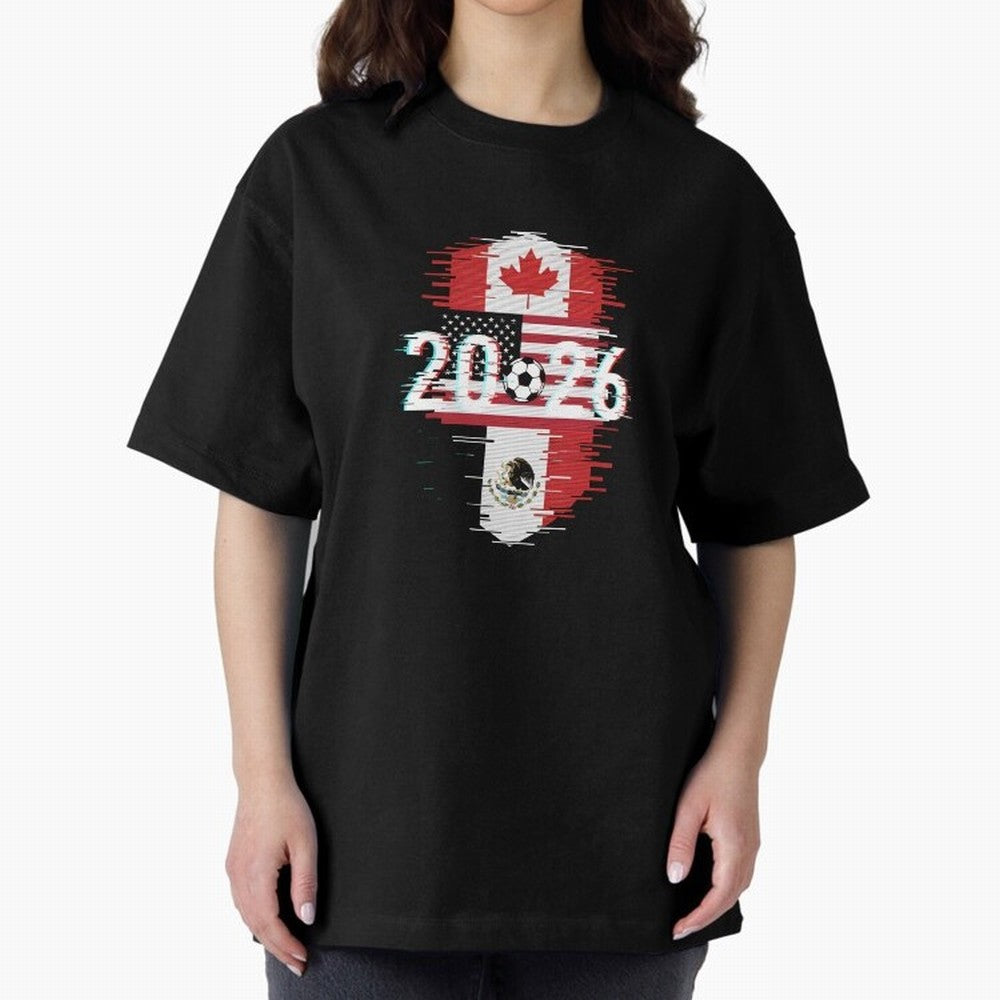 Glitched United 2026 - North America Emblem Cup T-Shirt_82794505 Oversized T-Shirt Celebrate the Magic of Match Day Hype around FIFA World Cup 2026 USA Canada Mexico, Messi, CR7 and Mbappe, France and Portugal, Fan Favorite Moments, National Team