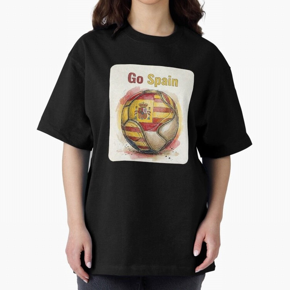 Go Spain Soccer Ball Flag | Canadian Football Fan Graphic Tee Oversized T-Shirt Treasure FIFA World Cup 2026 Group Stage Featuring Messi, Neymar and Mbappe, Germany Energy, Match Day Excitement, Supporter Culture, Golden Goals and Global Football