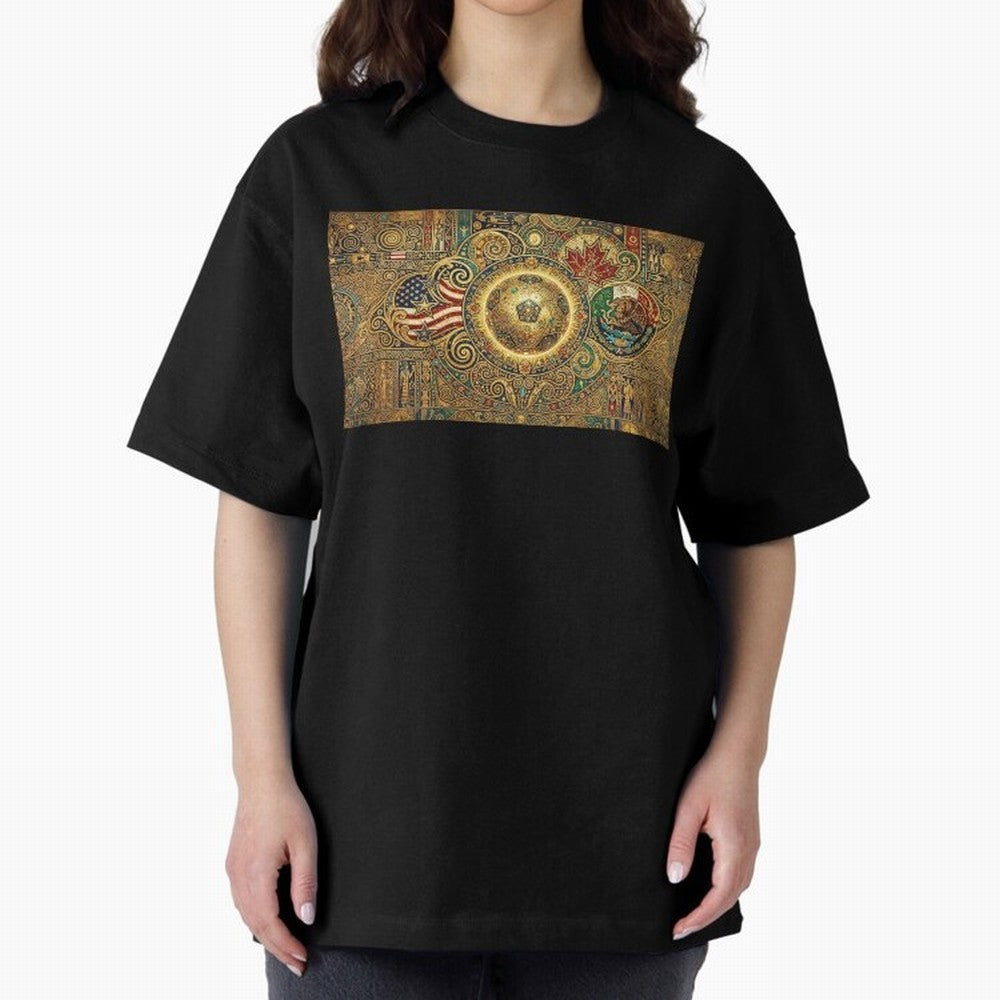 Ornate Soccer Emblem with Flags Oversized T-Shirt Experience the Global Stage of Match Day Hype around FIFA World Cup 2026 USA Canada Mexico, Cristiano Ronaldo, Haaland and CR7, Spain, Global Supporter Spirit, Legendary Goals, National Colors and