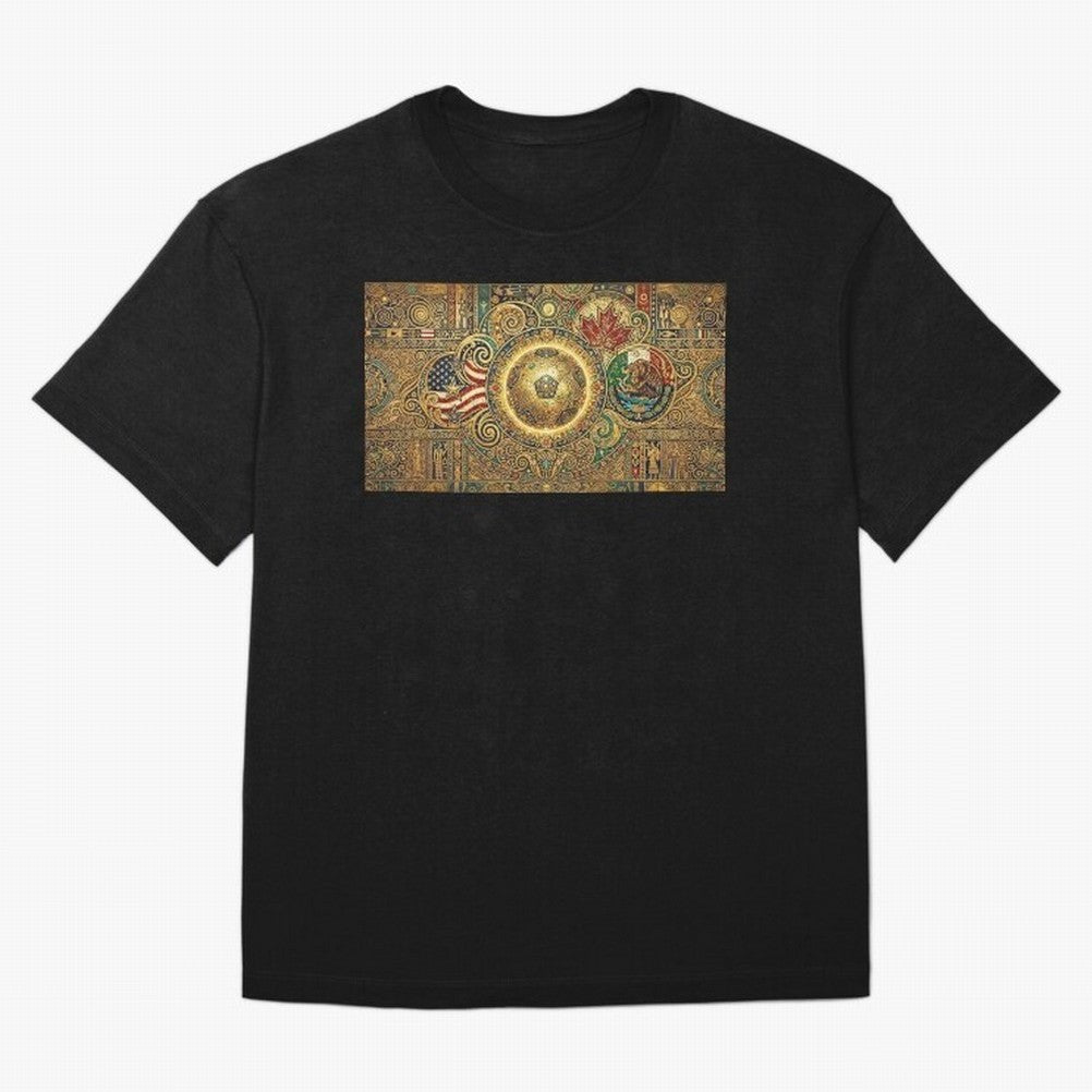Ornate Soccer Emblem with Flags Oversized T-Shirt Experience the Global Stage of Match Day Hype around FIFA World Cup 2026 USA Canada Mexico, Cristiano Ronaldo, Haaland and CR7, Spain, Global Supporter Spirit, Legendary Goals, National Colors and
