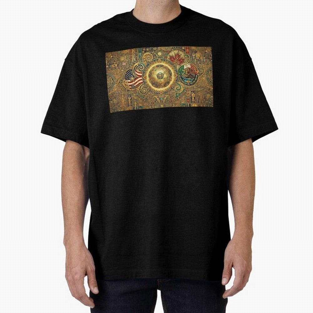 Ornate Soccer Emblem with Flags Oversized T-Shirt Experience the Global Stage of Match Day Hype around FIFA World Cup 2026 USA Canada Mexico, Cristiano Ronaldo, Haaland and CR7, Spain, Global Supporter Spirit, Legendary Goals, National Colors and