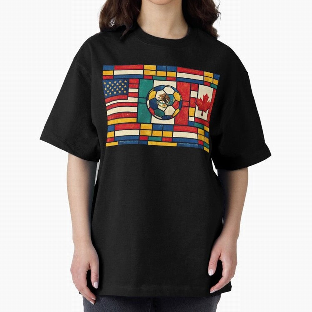 Elegant World Cup Stadiums Geometrical | Soccer Flags Mexico Canada USA Oversized T-Shirt Celebrate Rivalries and Pride in the FIFA World Cup 2026 USA Canada Mexico Journey through Neymar, Haaland and Cristiano Ronaldo Highlights, Portugal Pride,