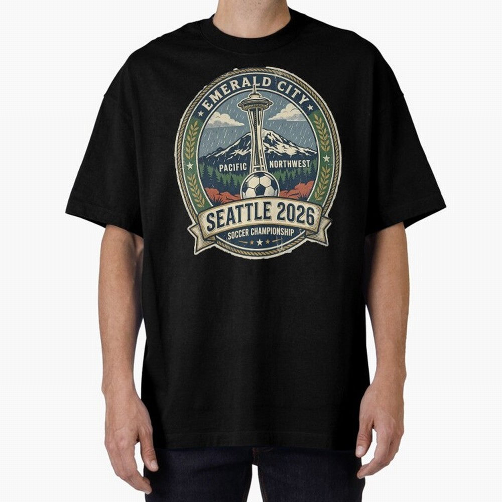 Seattle 2026 World Cup Host City Vintage Football Badge ¡ª Emerald City Space Needle Soccer Oversized T-Shirt Make Your Look Match FIFA World Cup 2026 Capturing CR7 and Messi, France Energy, Sports Nostalgia, International Competition, Famous