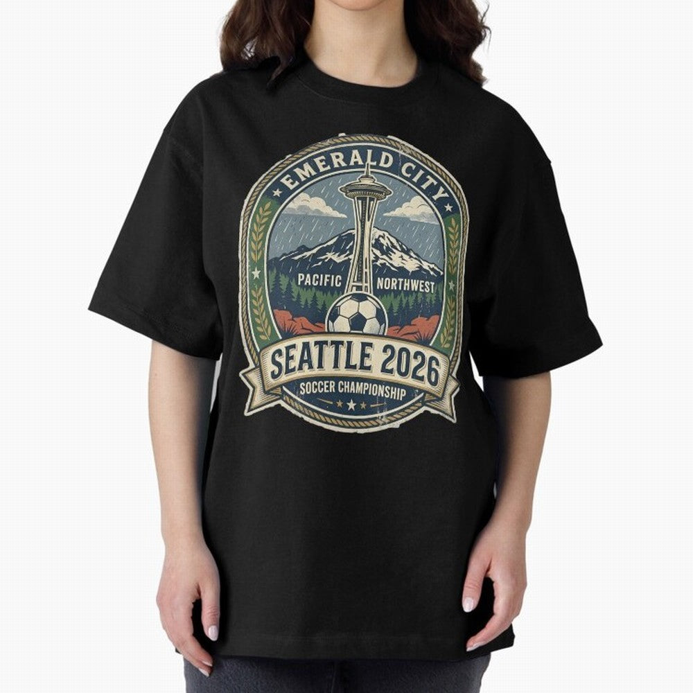 Seattle 2026 World Cup Host City Vintage Football Badge ¡ª Emerald City Space Needle Soccer Oversized T-Shirt Make Your Look Match FIFA World Cup 2026 Capturing CR7 and Messi, France Energy, Sports Nostalgia, International Competition, Famous