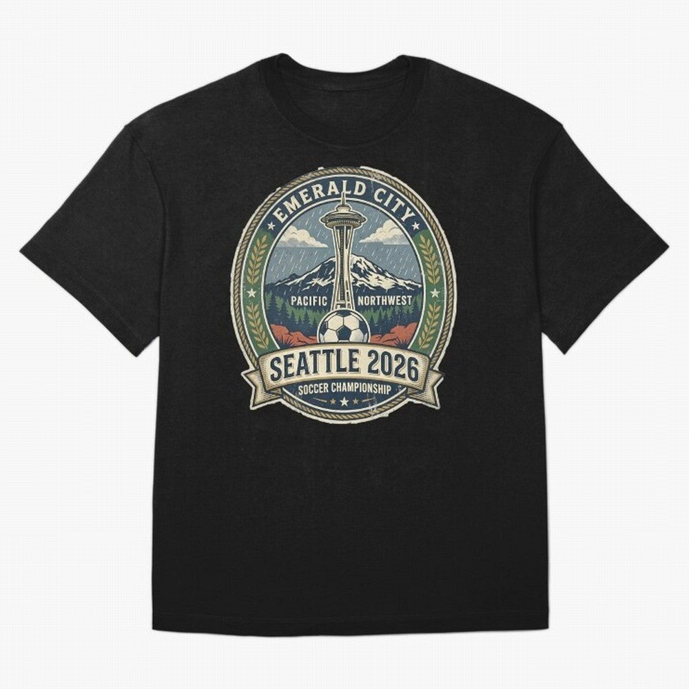 Seattle 2026 World Cup Host City Vintage Football Badge ¡ª Emerald City Space Needle Soccer Oversized T-Shirt Make Your Look Match FIFA World Cup 2026 Capturing CR7 and Messi, France Energy, Sports Nostalgia, International Competition, Famous
