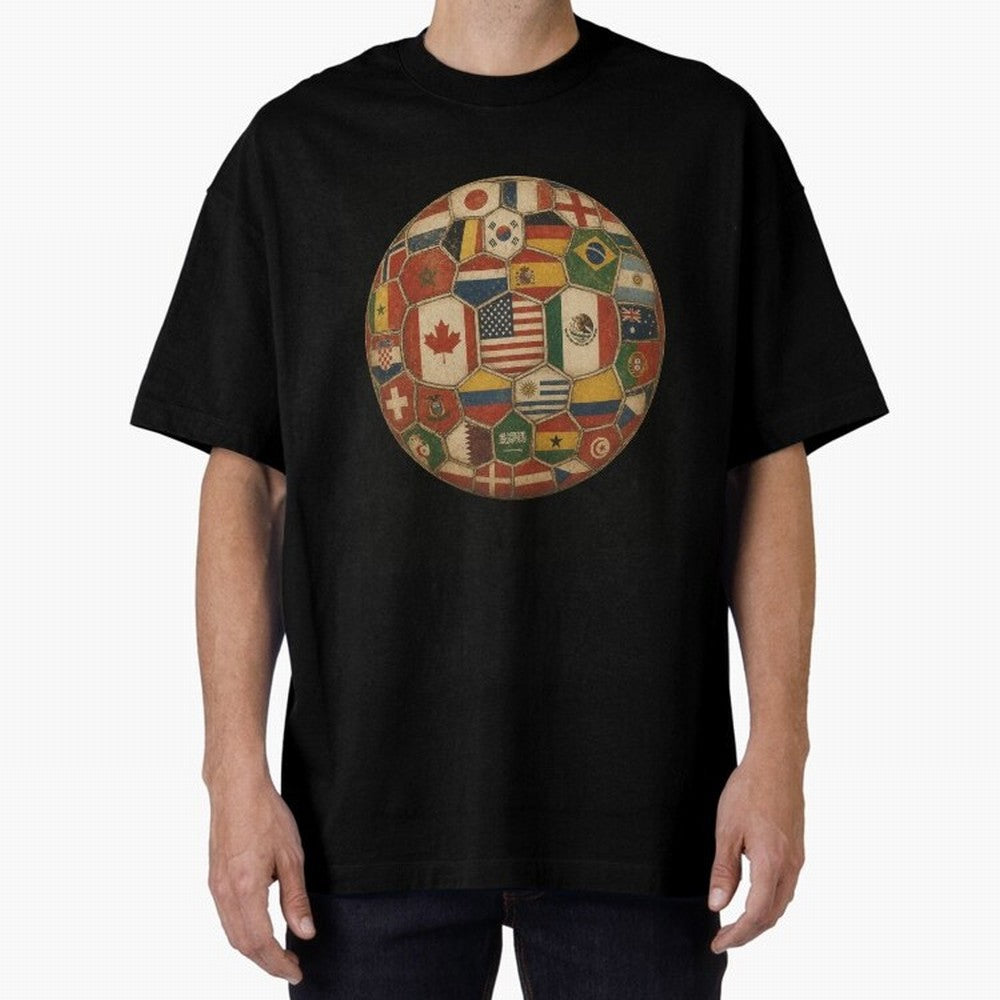 Vintage World Flags Soccer Ball,2026 International Football Graphic Gifts Tee Oversized T-Shirt Celebrate Rivalries and Pride in the FIFA World Cup 2026 Group Stage Journey through Messi Highlights, Argentina Pride, Champion Mindset, Group Stage